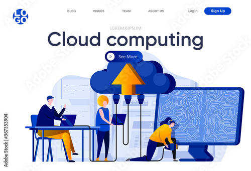 Cloud computing flat landing page. Engineers servicing cloud database system vector illustration. Hosting platform administrating, data center computing web page composition with people characters.