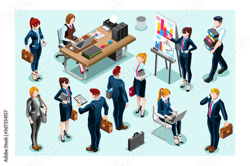 Modern Isometric Brainstorm on the Board Teamwork Meeting in Quarantine. Suitable for Diagram, Infographic, Book Illustration, Game Asset or other Graphic Related Assets in isolated white background.