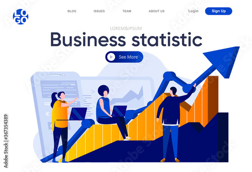 Business statistic flat landing page. Team of business analysts studying growing diagram vector illustration. Financial accounting and consulting service web page composition with people characters