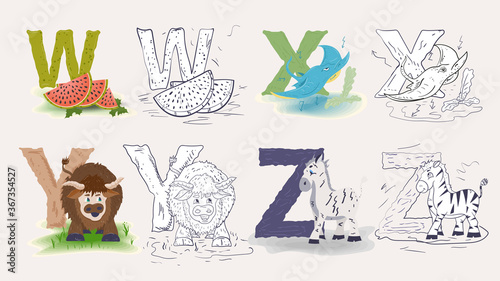 set of 5 isolated English alphabet icons for learning the alphabet color flat and contour doodles