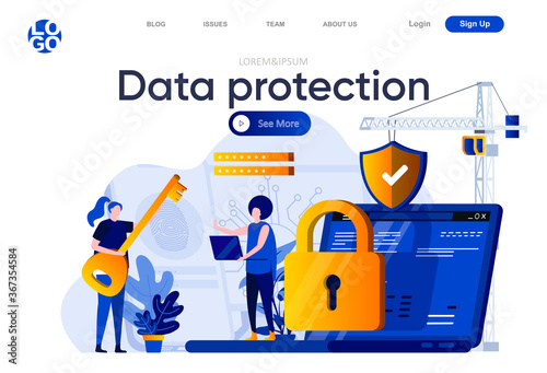 Data protection flat landing page. Cybersecurity specialist consultation with client vector illustration. Data security system, information confidentiality web page composition with people characters