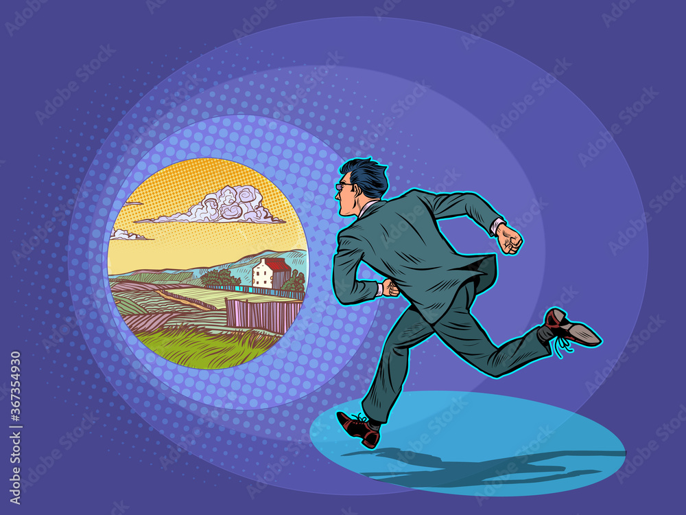 Vacation. The businessman runs to the rural landscape