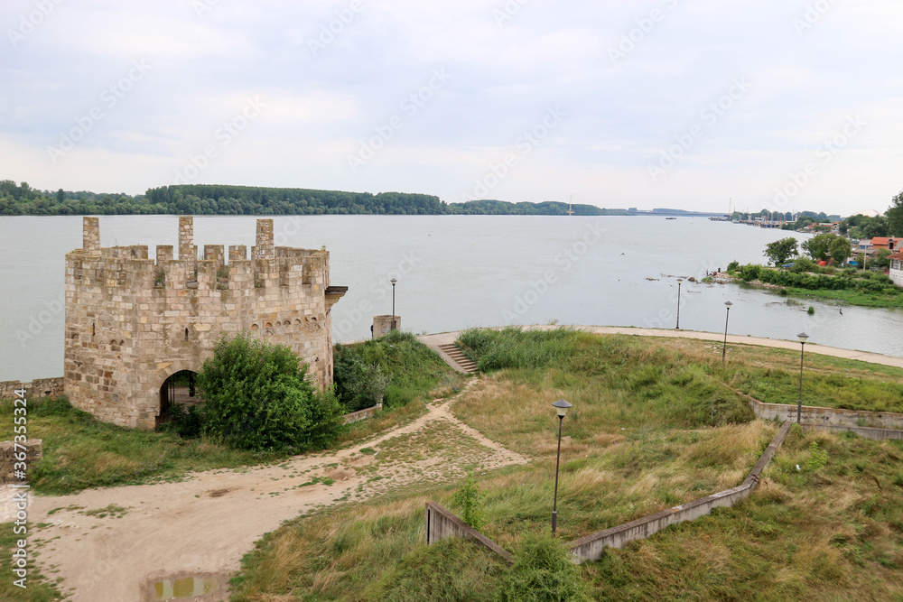 Beautiful view to Danube river from the wall of old medieval Smederevo fortress in Serbia