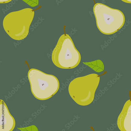 Seamless pattern with ripe green pears on a green background. For textiles, covers, wrapping paper, wallpaper.

