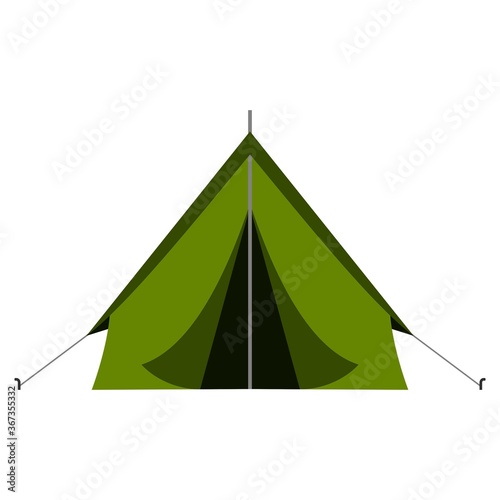 Green camping tourist tent in outdoor travel in flat style on white background. Vector illustration for nature tourism, journey, adventure.