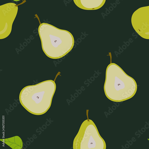 Seamless pattern with green pears on a green background. For textiles, design of cards, covers, wrapping paper, wallpaper. 