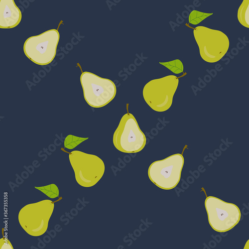 Seamless pattern with green pears on a blue background. For textiles, design of cards, covers, wrapping paper, wallpaper.

