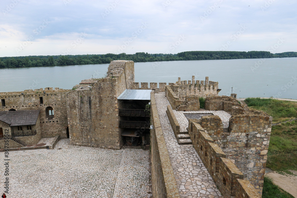 View from courtyard of old medieval Smederevo fortress in Serbia to river Danube