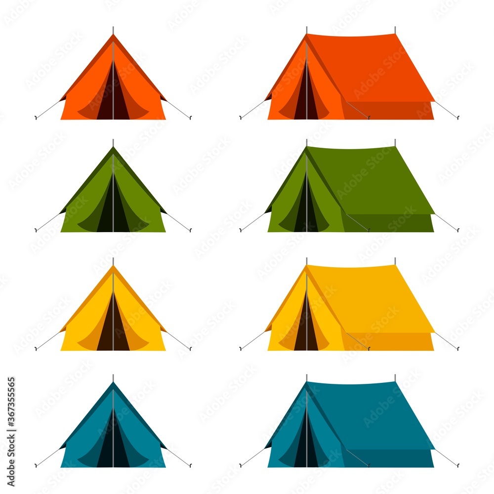 Camping tourist tent set in outdoor travel in in different colors on white background. Vector illustration for nature tourism, journey, adventure. Camping tourist tent set in outdoor travel in in different colors on white background. Vector illustration for nature tourism, journey, adventure.
