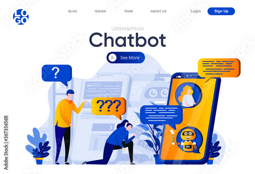 Chatbot flat landing page. People chatting with chatbot, virtual assistance service vector illustration. Artificial intelligence, smart technology web page composition with people characters.