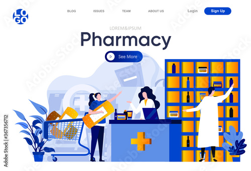 Pharmacy flat landing page. Woman shopping in drugstore, pharmacist advises client vector illustration. Pharmaceutical distribution, medicine store web page composition with people characters.