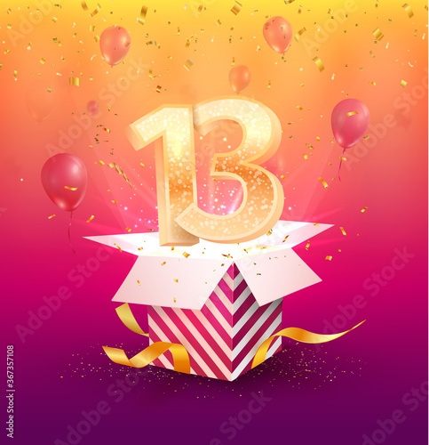 13 years anniversary vector design element. Isolated Thirteen years jubilee with gift box, balloons and confetti on a bright background. 0