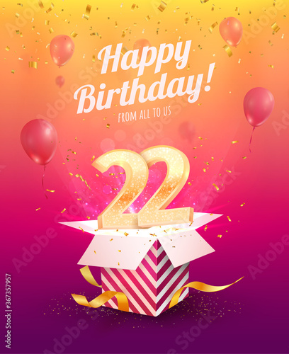 Celebrating 22 th years birthday vector illustration. Twenty two anniversary celebration invitation card. Adult birth day. Open gift box with flying numbers 