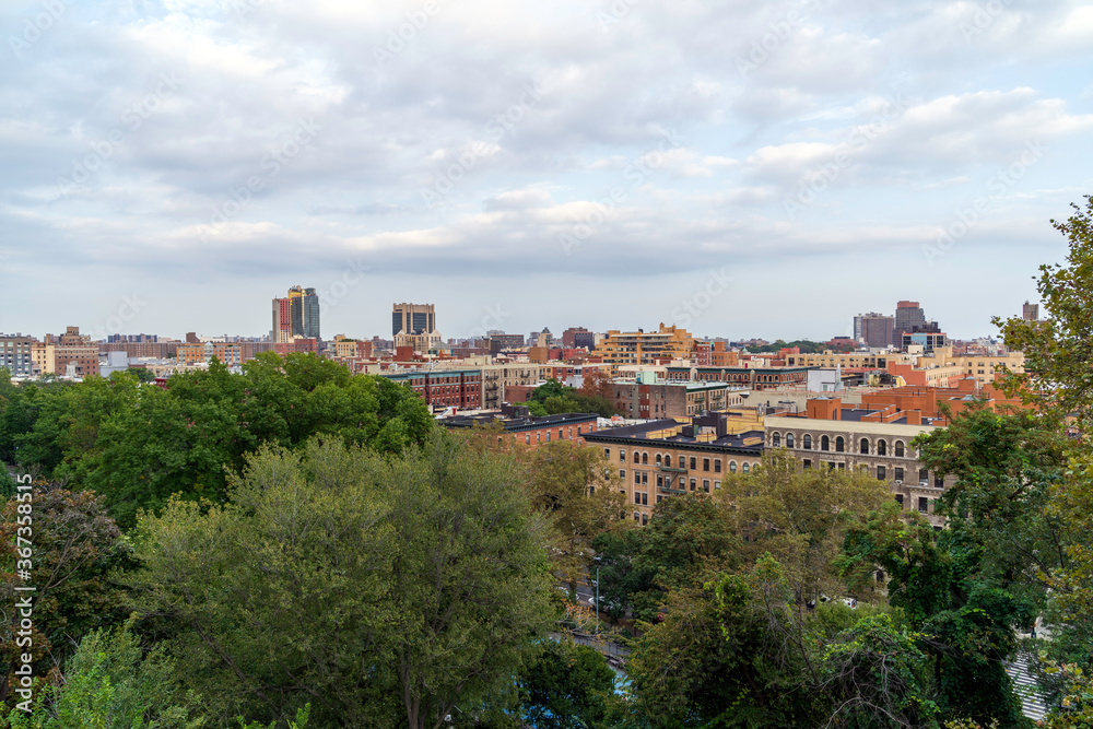 Urban view of South Harlem and Morningside Park from Morningside Drive in Morningside Heights neighborhood of Manhattan, New York City, United States