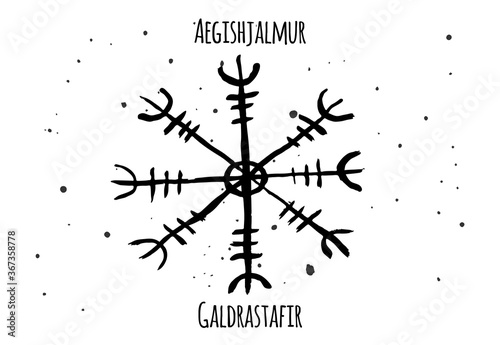 Galdrastafir Aegishjalmur. Magic Navigation Compass of ancient Icelandic Vikings with scandinavian runes.