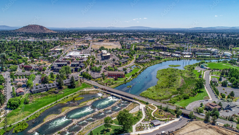 Aerial view of Old Mill and Deschutes River in Bend, Oregon.