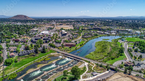 Aerial view of Old Mill and Deschutes River in Bend, Oregon. photo