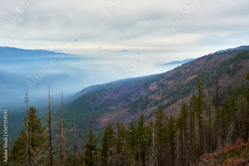 Foggy mountain view from Green Ridge Lookout in Central Oregon with Mt Hood at background.