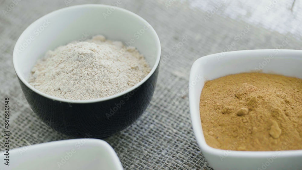 Top voew of Aromatic spices in white plates Top voew of Aromatic spices in white plates
