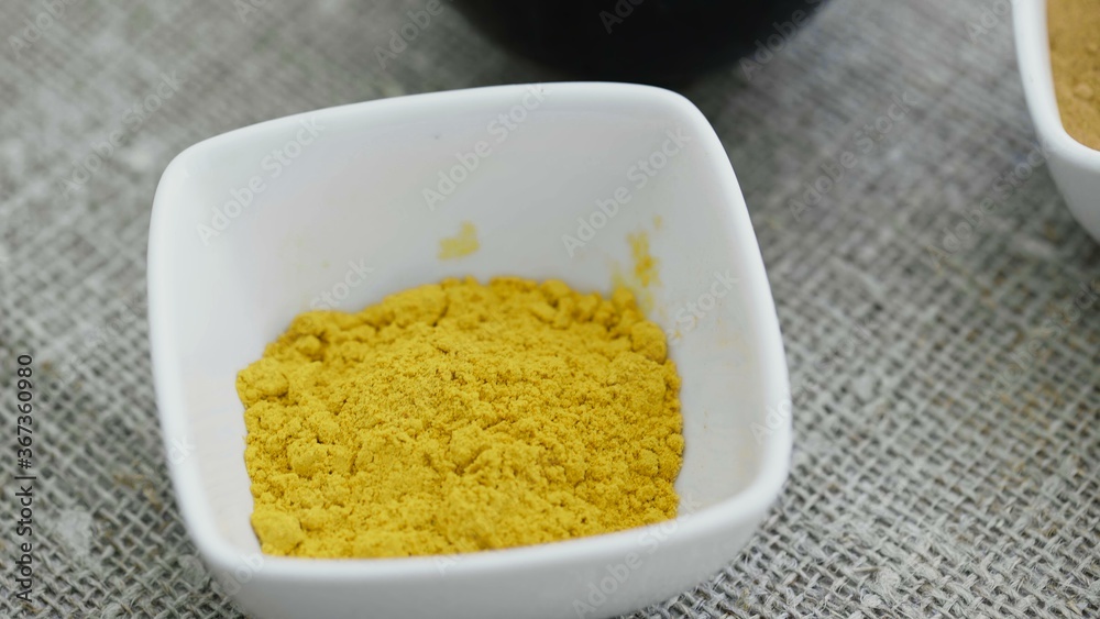 Top voew of Aromatic spices in white plates Top voew of Aromatic spices in white plates
