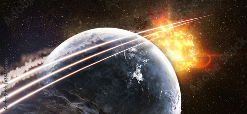 Fototapeta Naklejka Na Ścianę i Meble -  Spaceship in space above the planets in distant solar system. Elements of this image furnished by NASA.