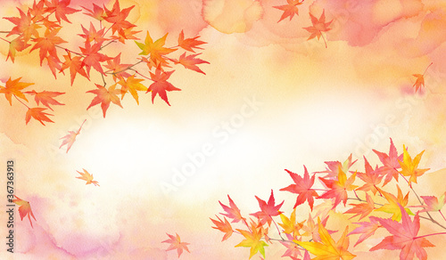 赤く色づいた秋の紅葉の背景。水彩イラスト。２隅装飾フレームデザイン。