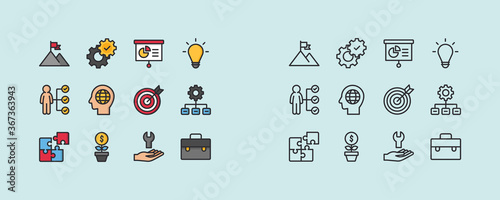 Set of Management Related Vector Line Icons. Contains such Icons as Target, Puzzle, Certificate, Personal data processing, Task Manager, Qualification, Head Hunting and more. Editable Stroke