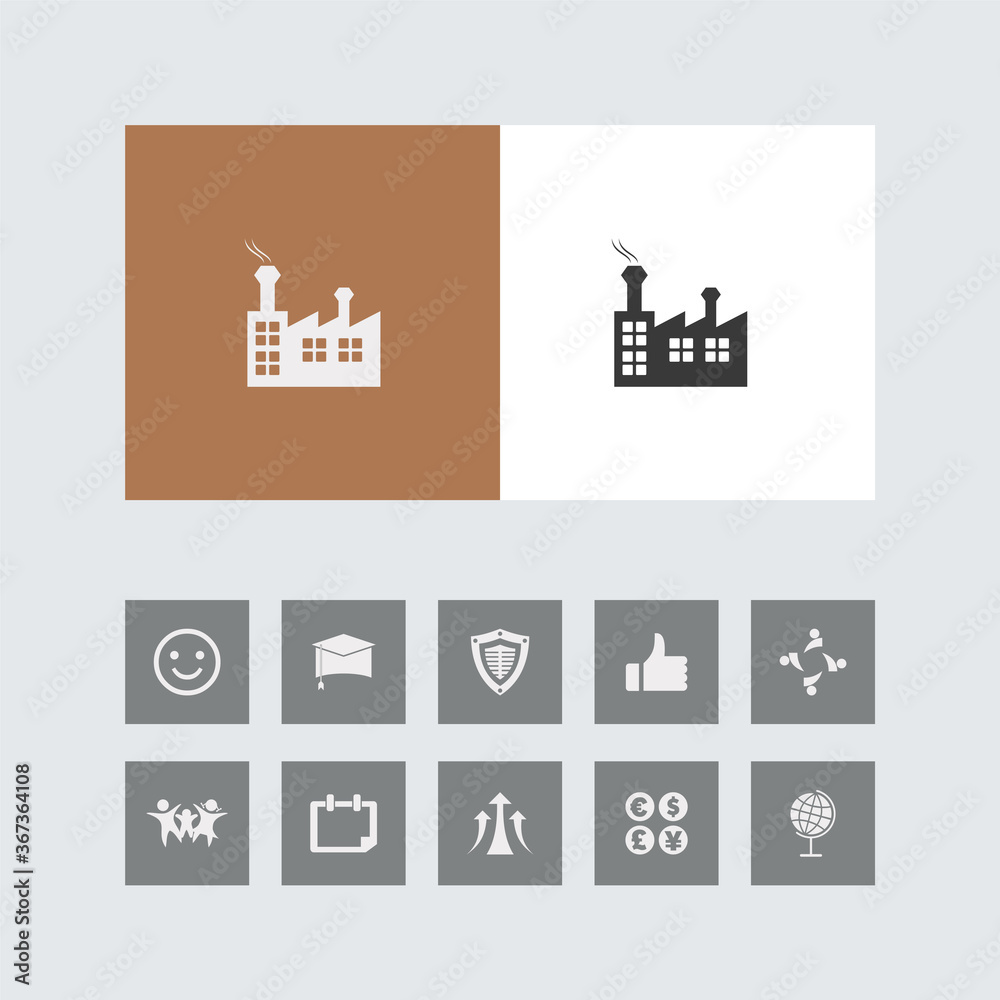 Creative Industrial Building Icon with Bonus Icons.
