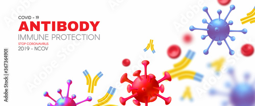 Virus, blood and Antibody. Healthcare 3D design. Stop Coronavirus 2019-nCoV background. Virus Covid 19-NCP. Coronavirus nCoV and biohazard symbol. Epidemic concept.