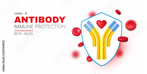 Blood, Shield and Antibody. Healthcare 3D design. Stop Coronavirus 2019-nCoV background. Virus Covid 19-NCP. Coronavirus nCoV and biohazard symbol. Epidemic concept.
