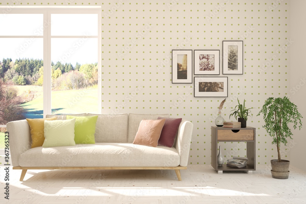 Fototapeta premium White living room with sofa. Scandinavian interior design. 3D illustration