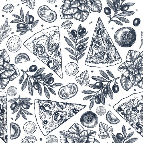 Tasty pizza ingredients background. Linear graphic. Italian pizza elements. Engraved seamless pattern. Vector illustration