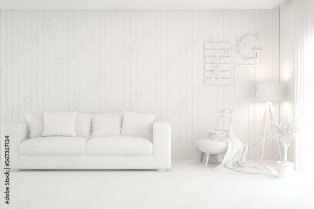 White minimalist living room with sofa. Scandinavian interior design. 3D illustration White minimalist living room with sofa. Scandinavian interior design. 3D illustration