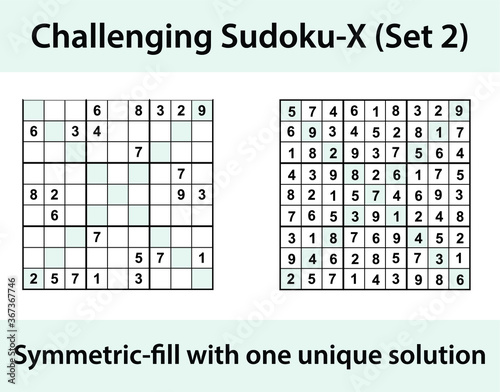 Vector Sudoku X (Sudoku X-Wing) puzzle with solution - challenging level