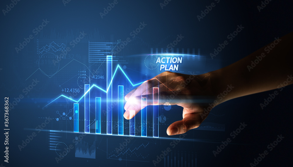 Hand touching ACTION PLAN button, business concept Hand touching ACTION PLAN button, business concept