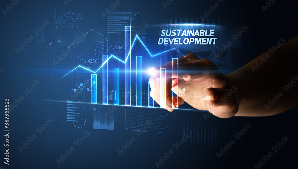 Obraz premium Hand touching SUSTAINABLE DEVELOPMENT button, business concept