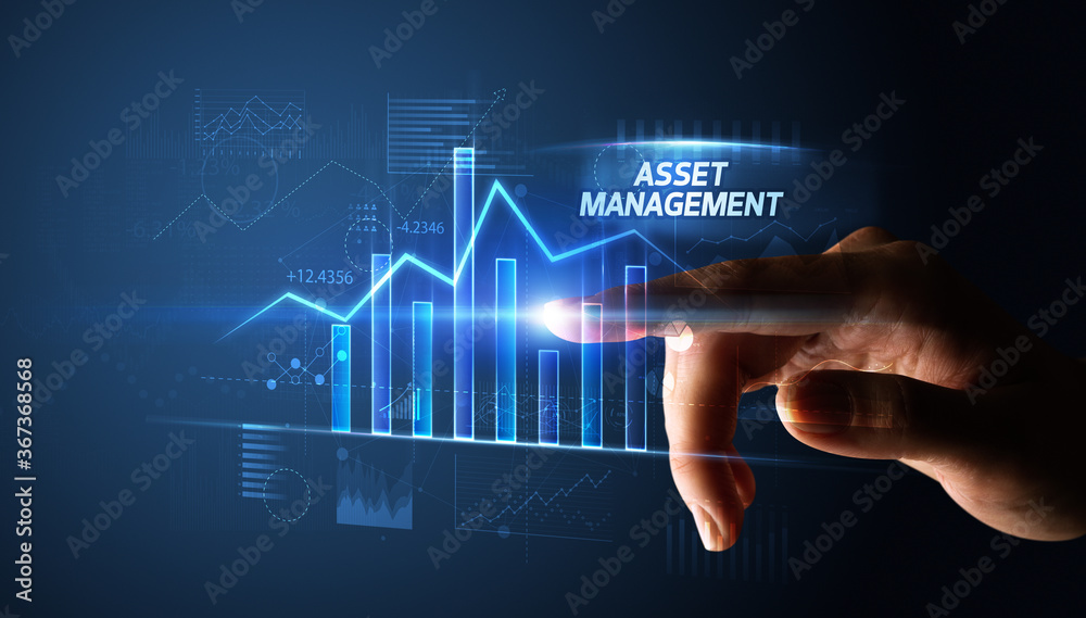 Hand touching ASSET MANAGEMENT button, business concept Hand touching ASSET MANAGEMENT button, business concept