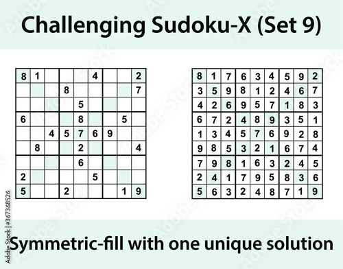 Vector Sudoku X (Sudoku X-Wing) puzzle with solution - challenging level