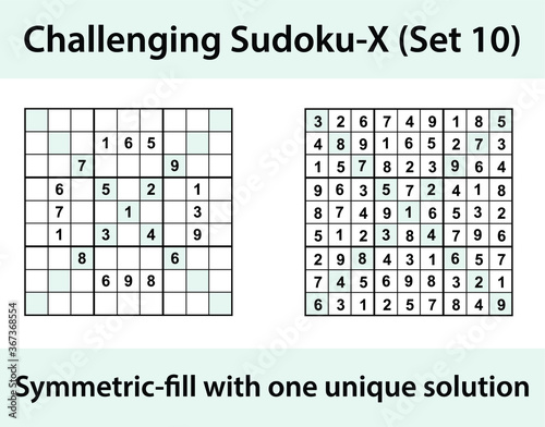 Vector Sudoku X (Sudoku X-Wing) puzzle with solution - challenging level
