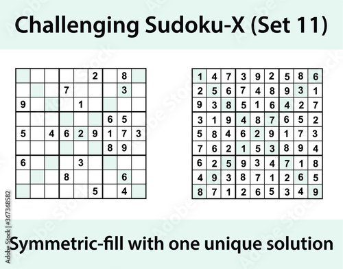 Vector Sudoku X (Sudoku X-Wing) puzzle with solution - challenging level