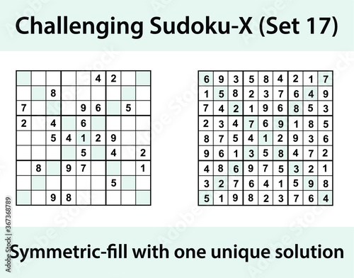 Vector Sudoku X (Sudoku X-Wing) puzzle with solution - challenging level