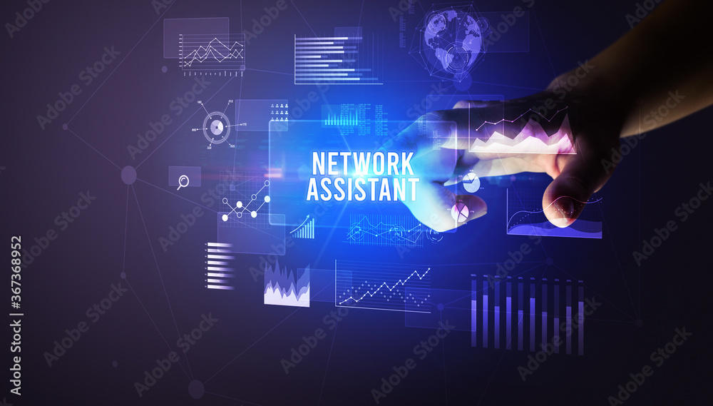 Hand touching NETWORK ASSISTANT inscription, new business technology concept Hand touching NETWORK ASSISTANT inscription, new business technology concept