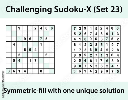 Vector Sudoku X (Sudoku X-Wing) puzzle with solution - challenging level