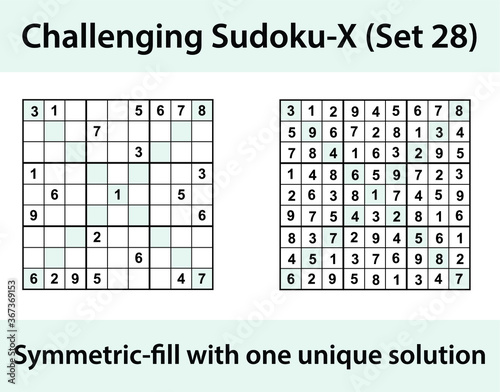 Vector Sudoku X (Sudoku X-Wing) puzzle with solution - challenging level