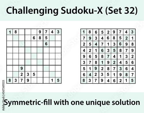 Vector Sudoku X (Sudoku X-Wing) puzzle with solution - challenging level