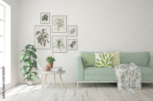 White living room with sofa. Scandinavian interior design. 3D illustration