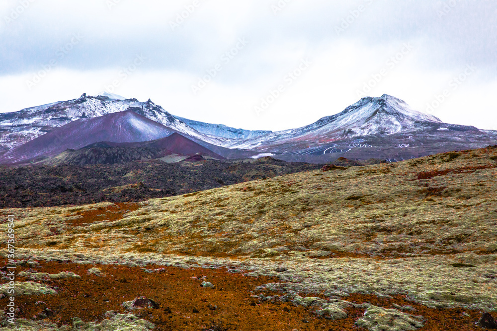 Iceland landscape with mountain ranges and snow
