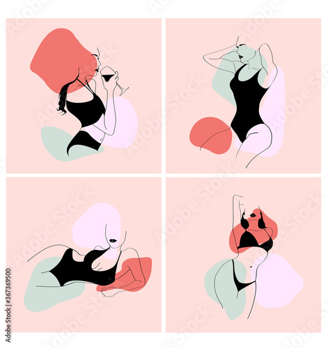Faceless ladies set. Fashion illustrations. Hand drawn vector. Outline body parts.