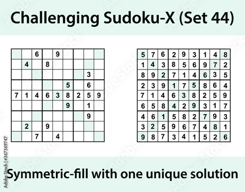 Vector Sudoku X (Sudoku X-Wing) puzzle with solution - challenging level