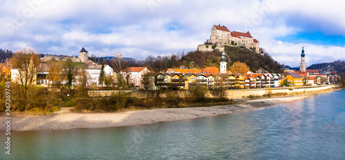 Travel in Germany (Bavaria)-beautiful medieval town Burghausen with biggest castle in Europe. Border with Austria